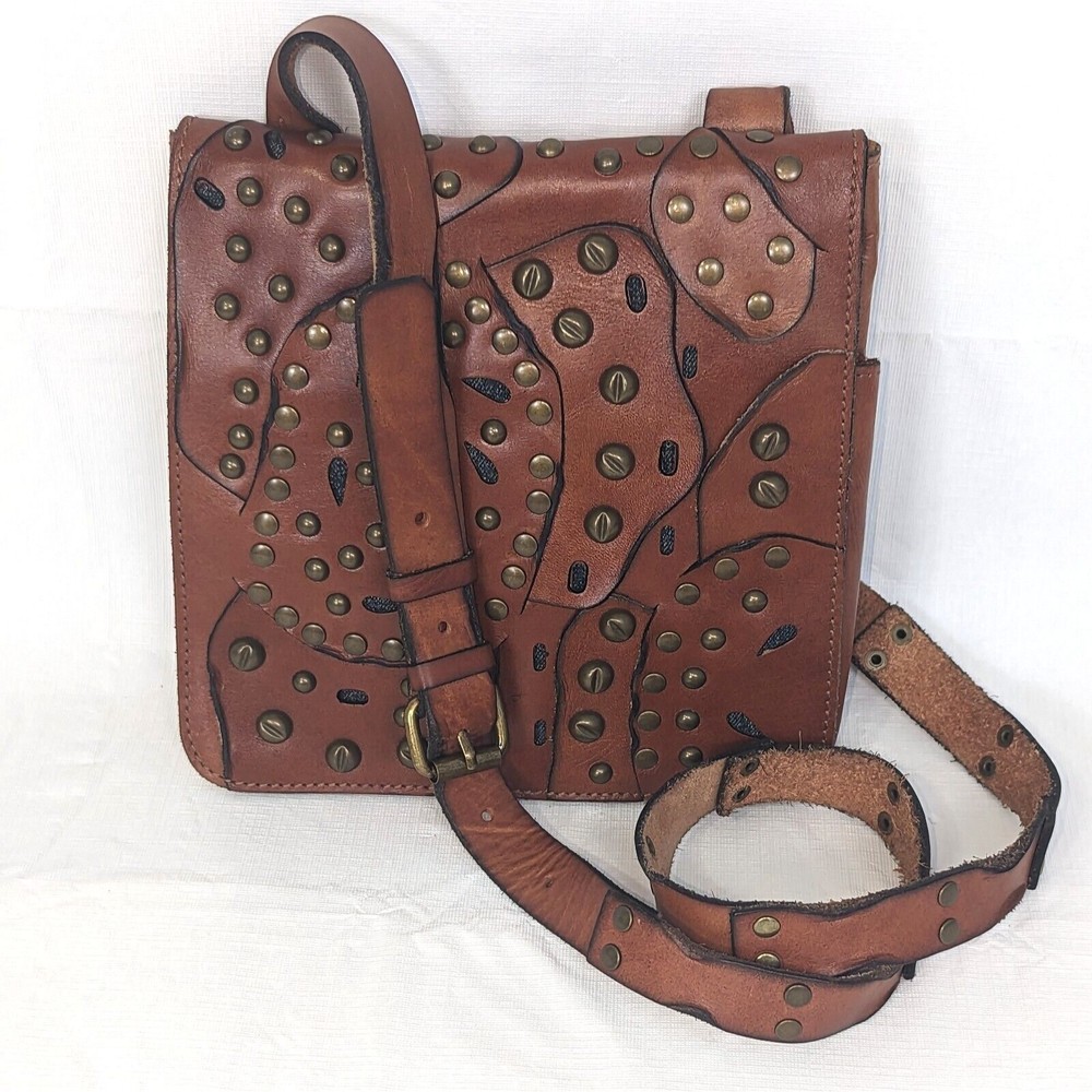 Patricia Nash Tan Studded Link Rosa Leather Adjustable Crossbody Handbag Purse